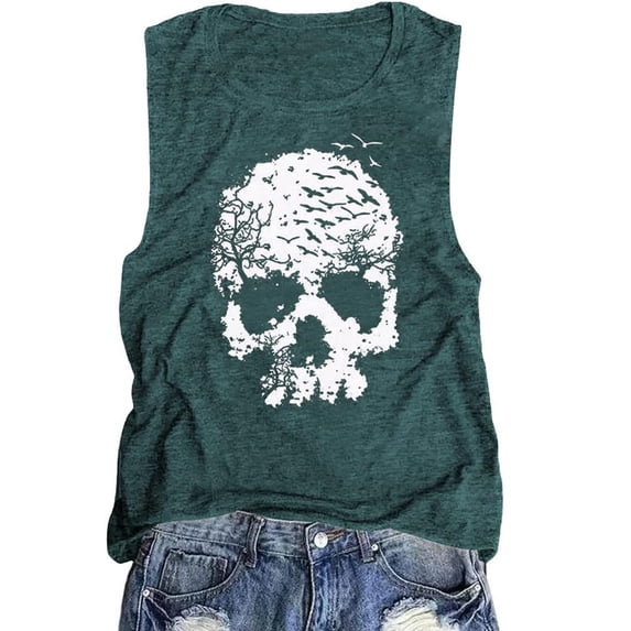 Womens Tank Tops Casual skull Print Sleeveless Vest Slim Fitted Basic Shirts Fashion Clothing Size XL