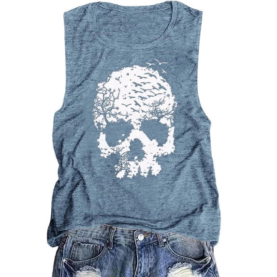 Womens Tank Tops Casual skull Print Sleeveless Vest Slim Fitted Basic Shirts Fashion Clothing Size XL