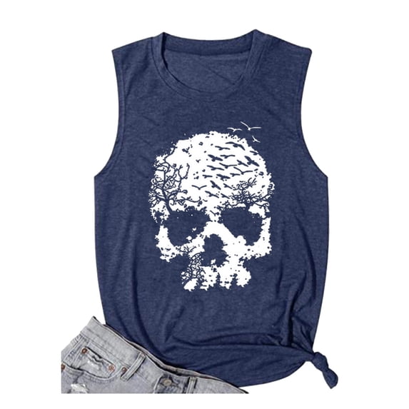 Womens Tank Tops Casual skull Print Sleeveless Vest Slim Fitted Basic Shirts Fashion Clothing