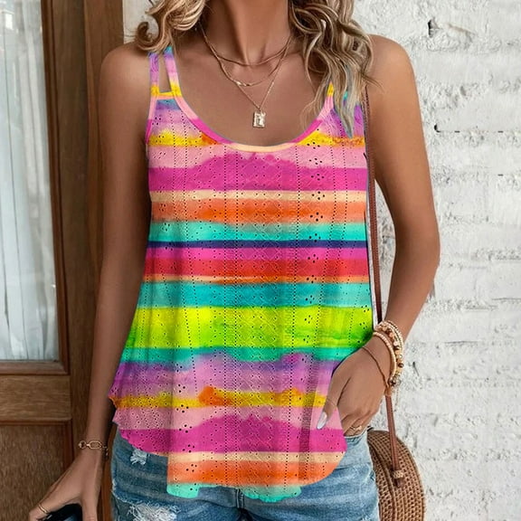 Womens Tank Tops 2025 Sleeveless Round Neck Court Lock Casual Printed Camisole Tank Hot Pink S