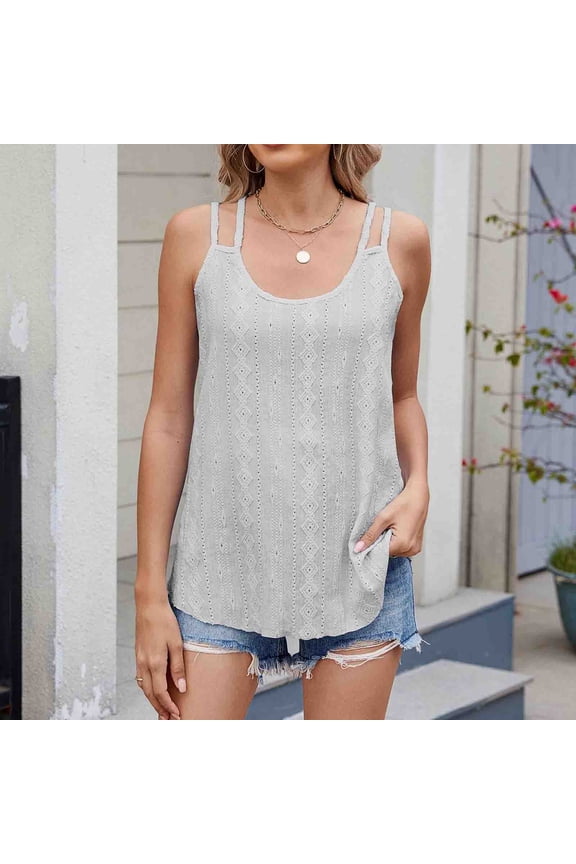 Womens Tank Tops 2025 Solid Color Camisole U Neck Hollow Exposed Vest T-Shirt Round Neck Camisole Tank Gray S