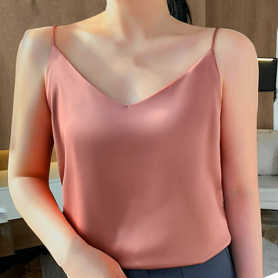 Womens Tank Tops Clearance under $5 2025 Satin V-neck Solid Color Tank Camisole Undershirt Red S