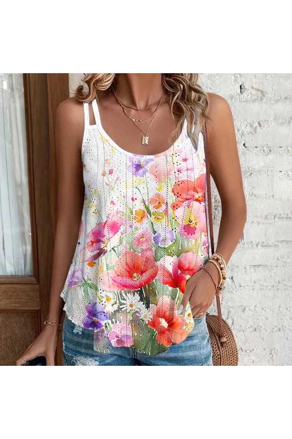 Womens Tank Tops under $5 Plus Size Print Crew Neck Summer Loose Casual Tank Top