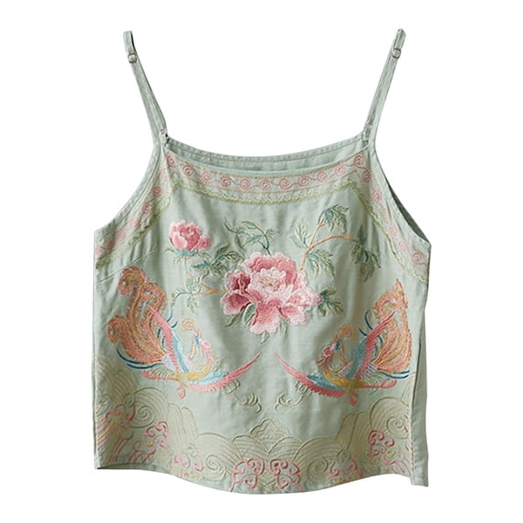 Womens Tank Tops Cotton Linen Retro Embroidered Vacation Summer Tank Tops for Women Green 3Xl