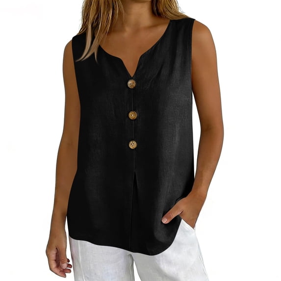 Womens Tank Tops Cotton Linen V Neck Sleeveless Loose Fit Black Tank Tops for Women