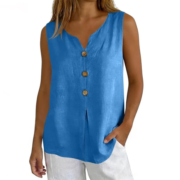 Womens Tank Tops Cotton Linen V Neck Sleeveless Loose Fit Blue Tank Tops for Women