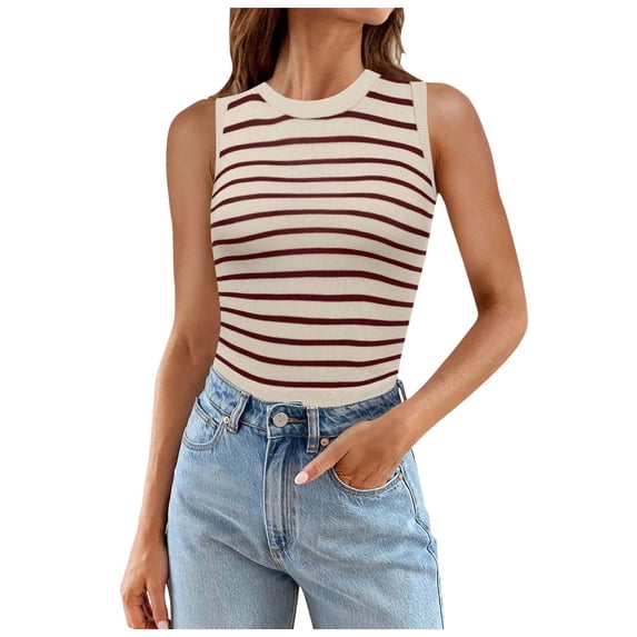 Womens Tank Tops Crew Neck Ribbed Knit Slim Fitted Basic Sleeveless Tops Casual Summer Clothes Striped