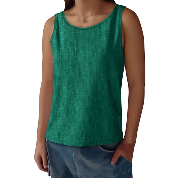 Womens Tank Tops Crew Neck Summer Dark Green Sleeveless Solid Color Loose Fashion Outfits Clothes Loose Fit L