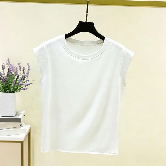 Womens Tank Tops Cropped Cap Sleeve Womens Summer Cap Sleeve Tank Top Crew Neck Solid Casual Loose Fit Basic Tee Shirt