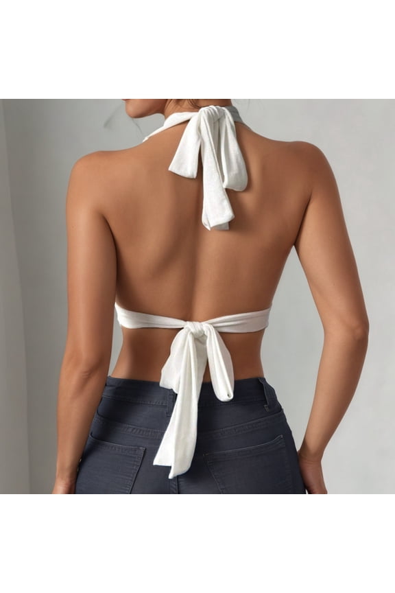 Womens Tank Tops Deep V Neck Solid Color Halter Top with Metal Ring Sleeveless Summer Camisole Tops for Women White L