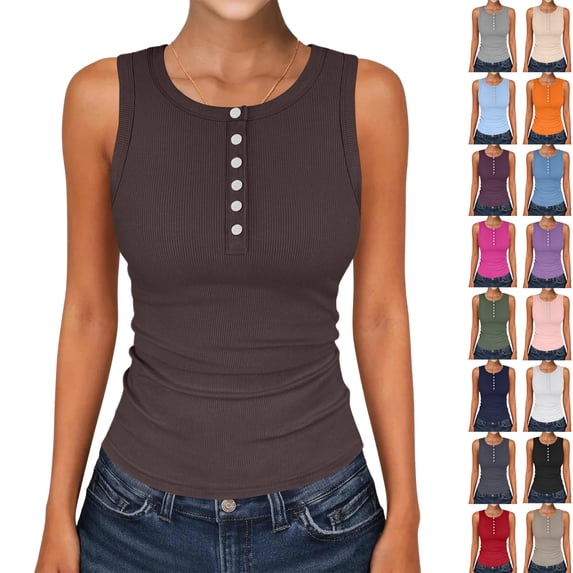 Womens Tank Tops Dressy Casual Summer Sleeveless Crew Neck Ribbed Button Down Shirts Workout Basic Blouses Red 2XL