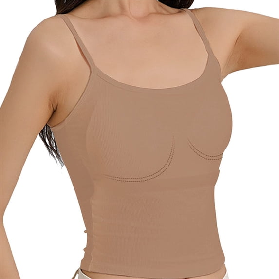 Womens Tank Tops, Duoif Ribbed Crop Top with Built-In Bra, Sleeveless Layering Womens Shirts Khaki L