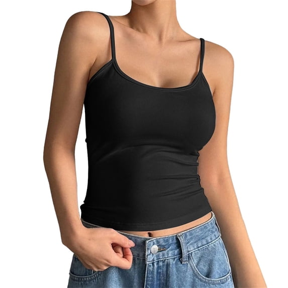 Womens Tank Tops, Duoif Ribbed Crop Top with Built-In Bra, Spaghetti Strap Casual Wear Womens Shirts Black L