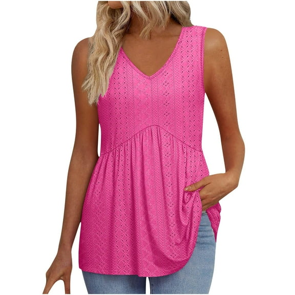 Womens Tank Tops Eyelet Embroidered Flowy Peplum Tops for Women Dressy Sleeveless V Neck Babydoll Tank Tops Summer Tunic Tops