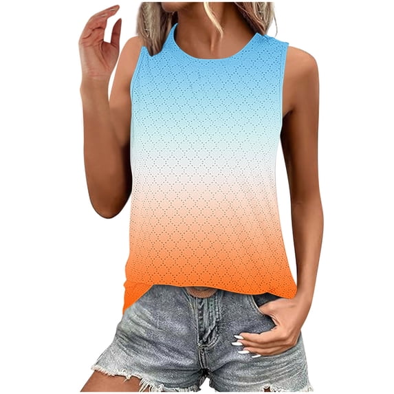 Womens Tank Tops Eyelet Loose Casual Summer Tops Crew Neck Basic Sleeveless Shirts Trendy 2026 Ombre Tie Dye Shirts