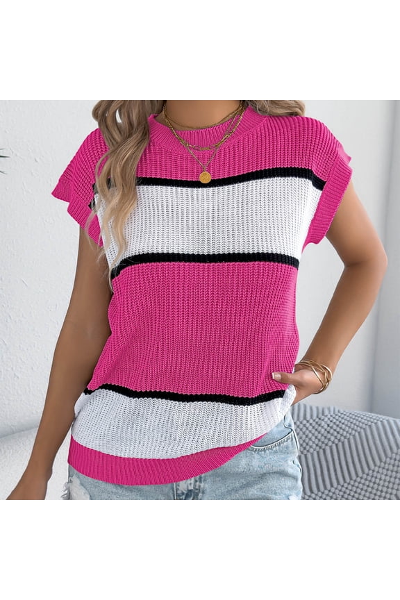 Womens Tank Tops Fashion Striped Print Crew Neck Basic Tight T Shirts Leisure Loose Fit Sleeveless Standard Straps Summer Tops