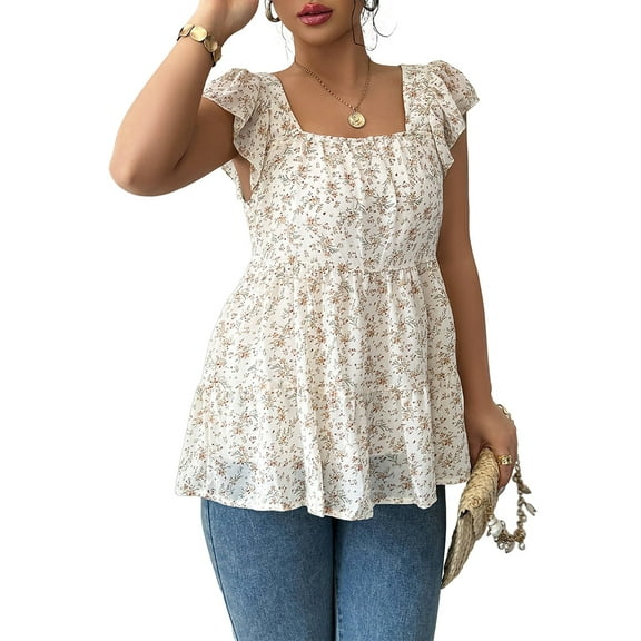 Womens Tank Tops Fashion Summer Smocked Blouses Square Neck Ruffle Sleeves Tunic Tops Shirt S