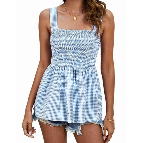 Womens Tank Tops Fashion Summer Smocked Blouses Square Neck Sleeveless Shirts Babydoll Shirt Blue XL