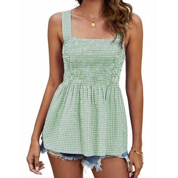 Womens Tank Tops Fashion Summer Smocked Blouses Square Neck Sleeveless Shirts Babydoll Shirt Green S