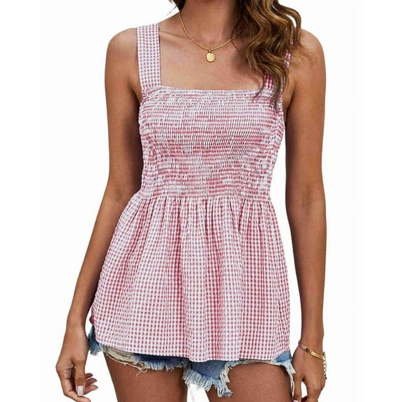 Womens Tank Tops Fashion Summer Smocked Blouses Square Neck Sleeveless Shirts Babydoll Shirt Pink L