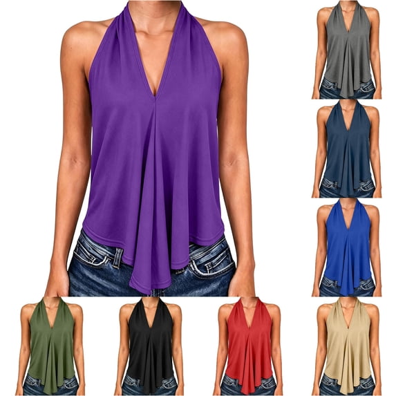 Womens Tank Tops Flowy Backless Elegant Draped Front Basic Summer Loose Fit Tops Halter Neck Sleeveless Solid Color Clothes Casual Comfort Beach Everyday Wear,Dark Purple,L