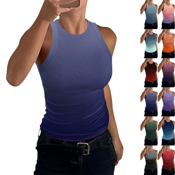 Womens Tank Tops High Neck Sleeveless Ribbed Tank Casual Basic Thick Strap Slim Fitted Racerback Shirts 2026 Dark Purple XL