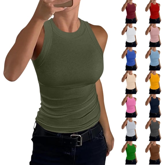 Womens Tank Tops High Neck Sleeveless Ribbed Tank Casual Basic Thick Strap Slim Fitted Racerback Shirts Dark Gray S
