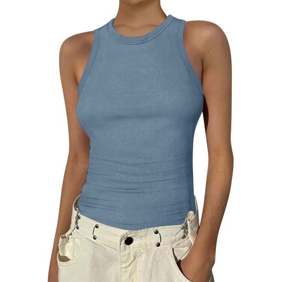 Womens Tank Tops High Neck Sleeveless Ribbed Tank Casual Basic Thick Strap Slim Fitted Shirts