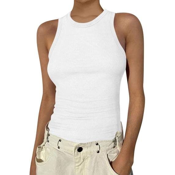 Womens Tank Tops High Neck Sleeveless Ribbed Tank Casual Basic Thick Strap Slim Fitted Shirts