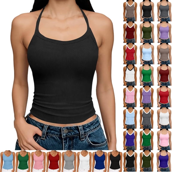 Women Tank Tops Round Neck Sleeveless Backless Summer Ribbed Fitted Cami Shirts