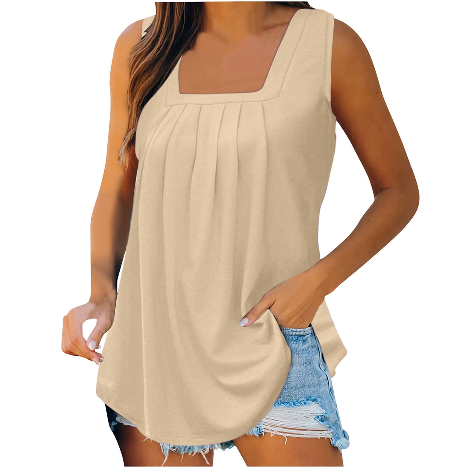 Womens Tank Tops Loose Fit Flowy Beach Tank Tops Sleeveless Square Neck ...