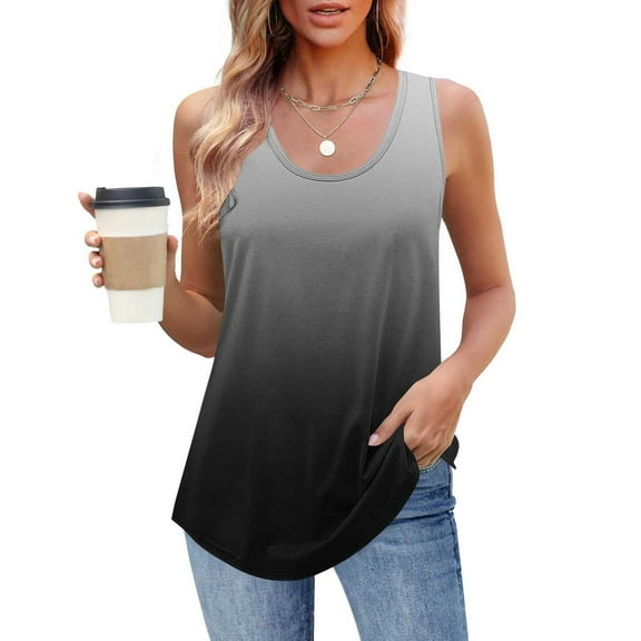 Womens Tank Tops Loose Fit Sevevn Women's New Loose Casual Crew-Neck Pleated Print Fashion Top Long Tank Tops For Women