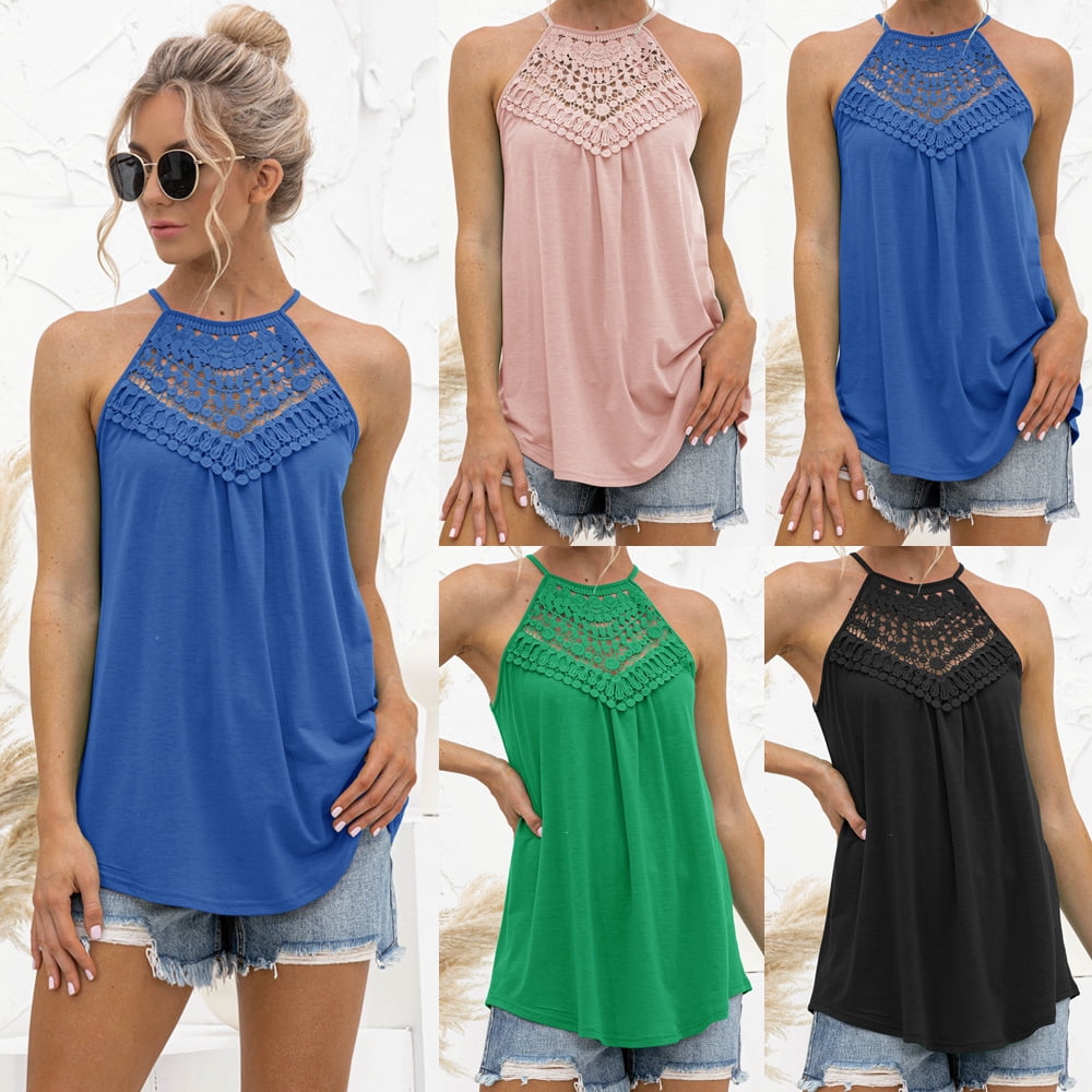Womens Tank Tops Loose Fit Summer Lace Halter Tops Sleeveless Shirts  Pleated 