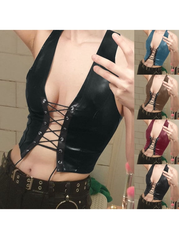 Womens Tank Tops Loose Fit Women Sexy Hollow Leather Halter Tie Crop Vest Camisole Tops for Women Black XL
