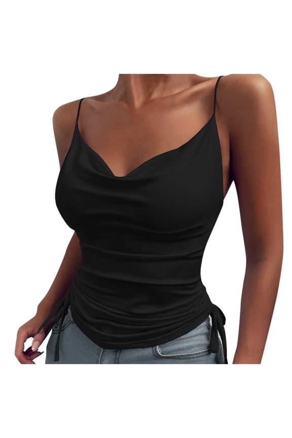 Womens Tank Tops Low Cut Ruched Backless Side Drawstring Sleeveless Top T Shirts Festival Club Wear Spaghetti Strap