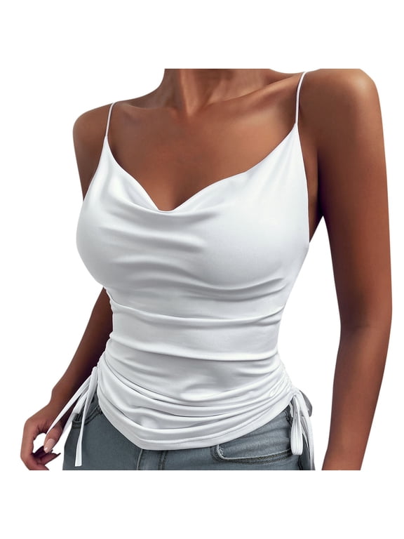 Womens Tank Tops Low Cut Ruched Backless Side Drawstring Sleeveless Top T Shirts Festival Club Wear Spaghetti Strap