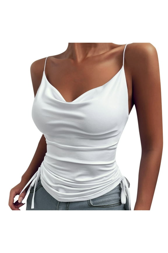 Womens Tank Tops Low Cut Ruched Backless Side Drawstring Sleeveless Top T Shirts Festival Club Wear Spaghetti Strap