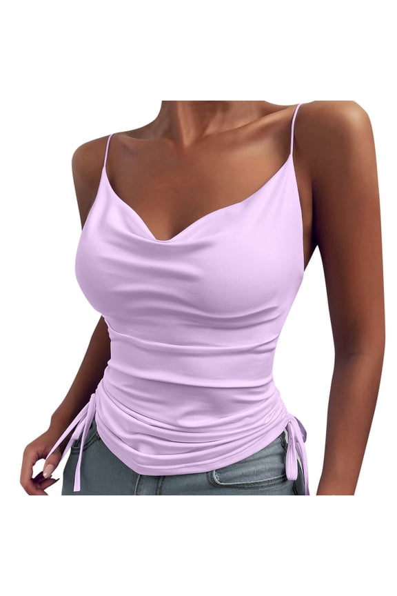Womens Tank Tops Low Cut Ruched Backless Side Drawstring Sleeveless Top T Shirts Festival Club Wear Spaghetti Strap