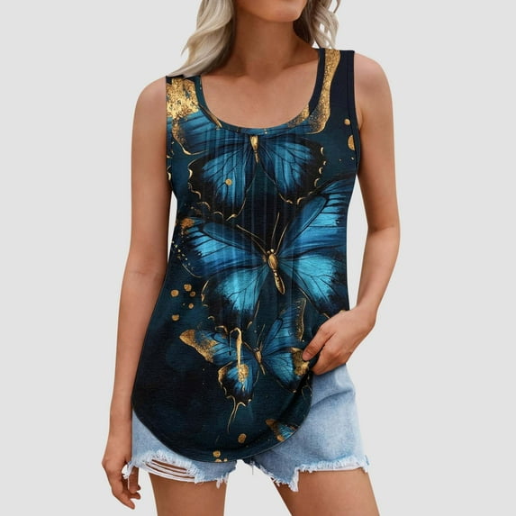 Womens Tank Tops Oversize Fashion Colorful Print Shirts Summer Loose T-shirt Sleeveless Vest Round Neck Loose Casual Blouses Top