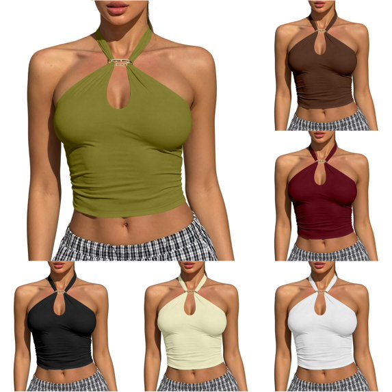 Womens Tank Tops Party Camisole Backless Slim Fit Summer Tops Halter Neck Sleeveless Solid Color Clothes Casual Trendy Beach Everyday Wear,Green,L