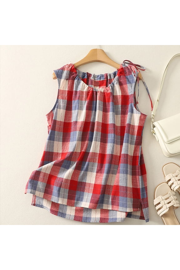 Womens Tank Tops Plaid Print Vest Round Neck Tie String Bow Top Breathable Camisoles for Women Red M
