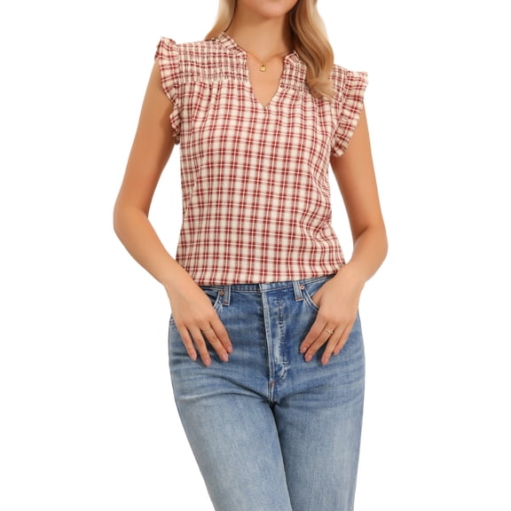 INSPIRE CHIC Womens Tank Tops Plaid Ruffle Sleeve Smocked V Neck Cute Sleeveless Blouse M Red