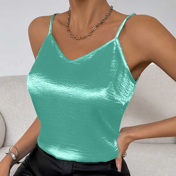 Womens Tank Tops Plus Size Bright Solid Color V-Neck Satin Camisole Stretchable Vest Sequins Camisoles Mint Green XL