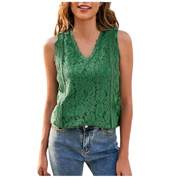 Womens Tank Tops Plus Size Clearance Solid Lace V Neck Tunic Tank Tops Casual Sleeveless Shirt Blouse Female Clothes(Green,L)