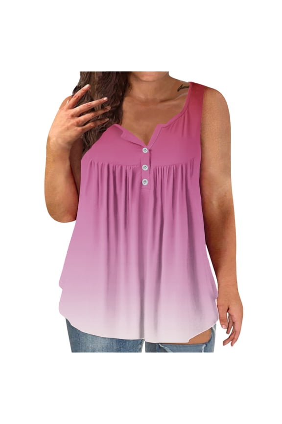 Womens Tank Tops Plus Size Sleeveless Button Pleats Tank Summer Solid Flared Trendy Casual Tunic Blouse Hot Pink XL