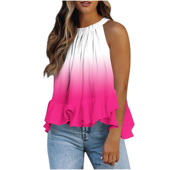 Womens Tank Tops Plus Size Sleeveless Gradient Ruffles Hem Hanging Neck Vest Printed Loose T-shirt Hot Pink XL