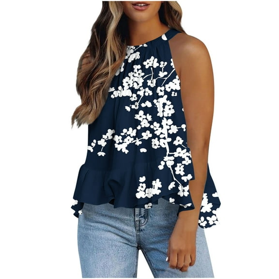Womens Tank Tops Plus Size Sleeveless Hanging Neck Vest Ruffles Hem Printed Loose T-shirt 1-Navy XL
