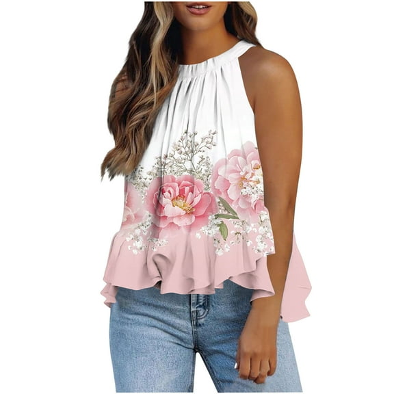 Womens Tank Tops Plus Size Sleeveless Hanging Neck Vest Ruffles Hem Printed Loose T-shirt 1-Pink XL