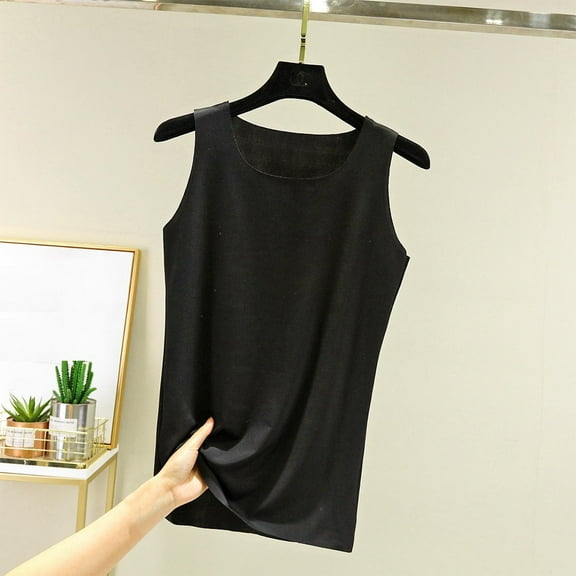Womens Tank Tops Plus Size Sleeveless Ice Silk Round Neck Solid Color Loose Pajama Tank Tops Black XL
