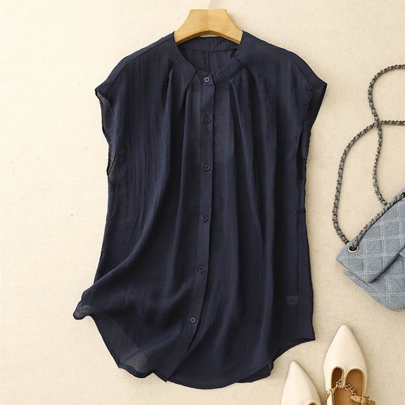 Womens Tank Tops Plus Size Sleeveless Lapel Cotton Linen Solid Color Buttoned Casual Tank Navy XL